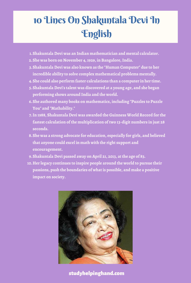 10 Lines On Shakuntala Devi In English